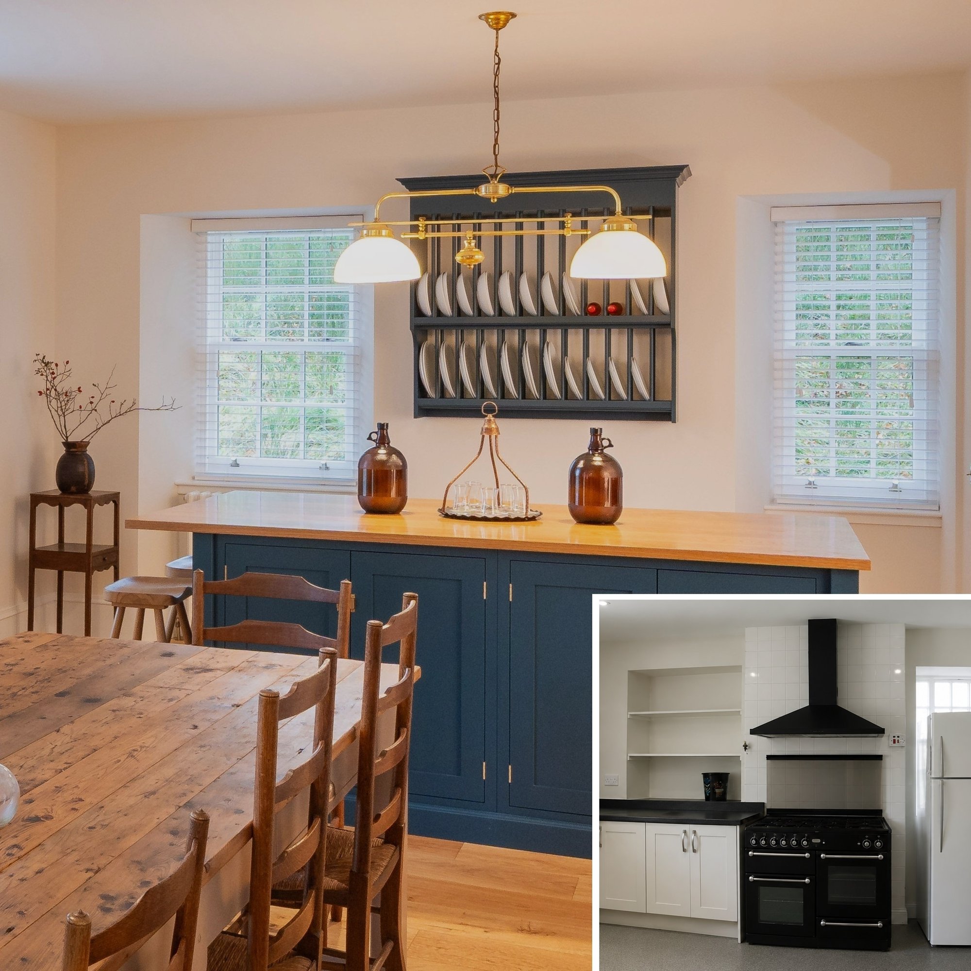 Before and after photos of a kitchen in a renovated Aberdeenshire Lodge